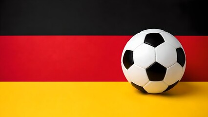 Naklejka premium Professional black and white soccer ball placed neatly against the vibrant background of the official horizontal German national flag