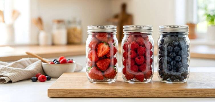 Glass jars filled with assorted fresh berries on a table, healthy snack, natural ingredients, nutritious food, seasonal harvest.