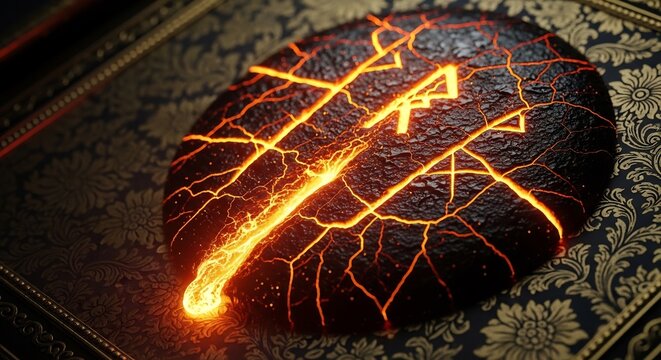 Glowing rune on a black and gold ornate surface with lightning effect
