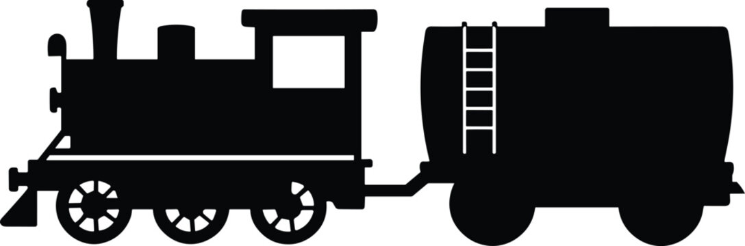 Black silhouette of a vintage steam locomotive train pulling a cargo liquid tanker wagon, representing classic logistics, industrial railway transport, and delivery concept