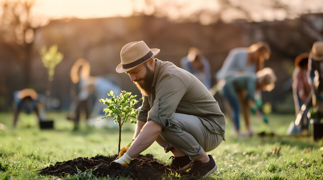 Man Planting Young Tree in Sunny Community Garden at Sunset