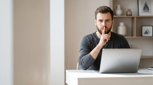Young man sitting at desk with laptop making a silence gesture with finger on lips, looking at camera, home office concept