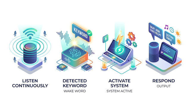 Technology illustration shows devices responding to activated system with continuous listening and detected keyword