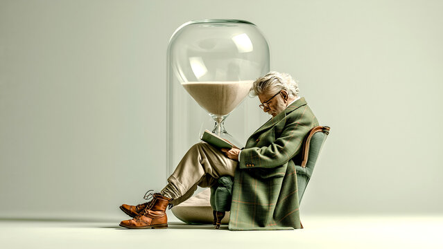 巨大な砂時計の中に座って本を読む初老の男性