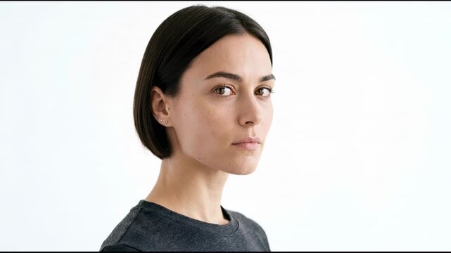 Woman with short dark hair looking side, closing eye and turning head to camera. Beauty portrait sequence of young female demonstrating facial emotion on white.