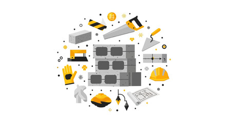 Fototapeta premium Industrial Construction and Building Tools Vector Illustration with Concrete Blocks, Hard Hat, and Architectural Equipment