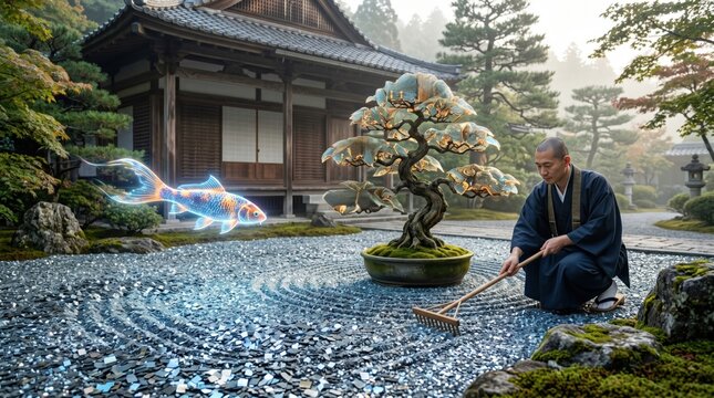 Japanese monk raking glowing zen garden with ethereal koi fish and futuristic bonsai tree in misty morning.