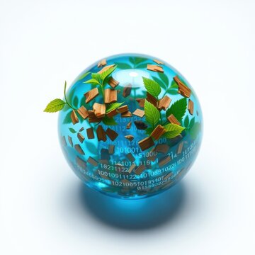 Globe depicts nature, technology fusion. Leaves, wood blocks surround binary code. Represents digital world, growth potential.