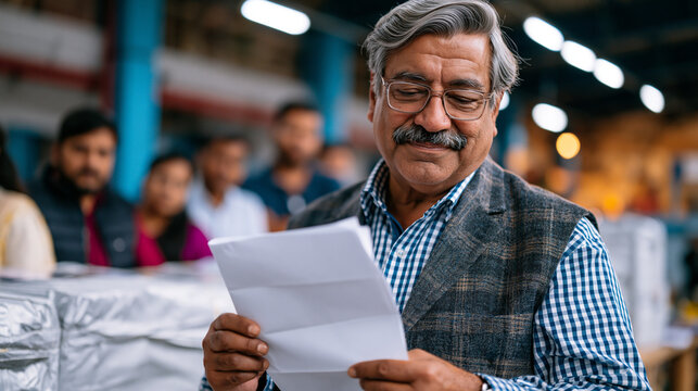 Senior election commissioner reviewing sealed ballot boxes lined up inside a secure counting facility, observers from multiple parties standing along the perimeter watching the verification process 