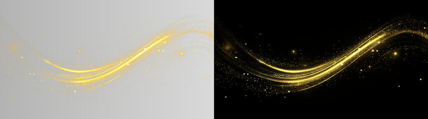Transparent png overlay with glowing golden swirl and sparkling light dust wave effect elegant luxury design element for abstract bright background line flow particle shine dot © Oleg
