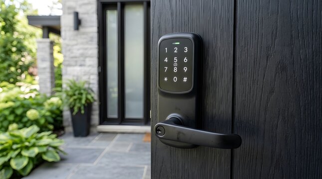 Modern electronic smart door lock with keypad and handle on a dark wooden front entry door