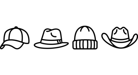 Fototapeta premium Four different hat designs illustrated in black and white line art
