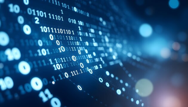 Binary code flows diagonally across a futuristic digital background with glowing blue lights.