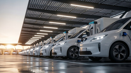 Fototapeta premium Charging station with electric vans beneath a solar canopy, representing renewable energy use, sustainable logistics, and modern infrastructure for eco‑friendly fleet transportation solutions