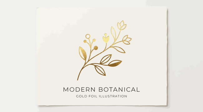 Modern botanical gold foil illustration, elegant floral branch logo element