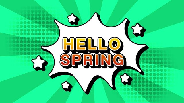 Hello spring text word lettering popup comic cartoon reveal with bomb and smoke explosion manga anime book page dots with radial speed lines doodle teal background with seamless loop animation