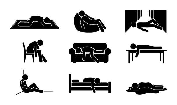 Exhausted Stick Figure Poses, Tired Person Icons, Fatigue and Sleep Vector Set, Burnout and Relaxation Symbols, Human Energy Levels