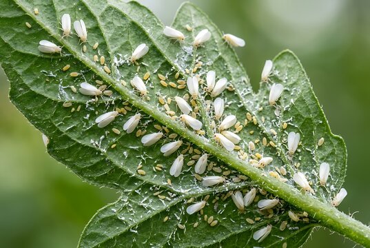 Whiteflies infestation on the underside of a tomato leaf macro