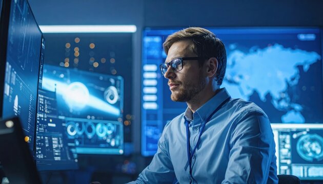 young man working at a computer screen with binary code in a digital technology office concept