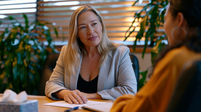 Volunteer burnout counseling session with a nonprofit program manager gently guiding an emotionally drained field volunteer through a debrief worksheet at a conference table, box of tissues nearby, 