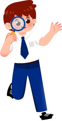 Curious School Boy with Magnifying Glass Examining Something
