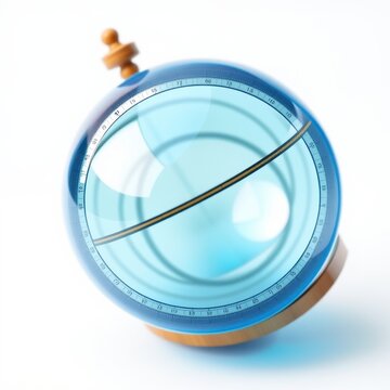 Transparent globe, wooden base. Blue sphere displays latitude lines, equatorial band. Minimalist design, studio lighting. Clean background.
