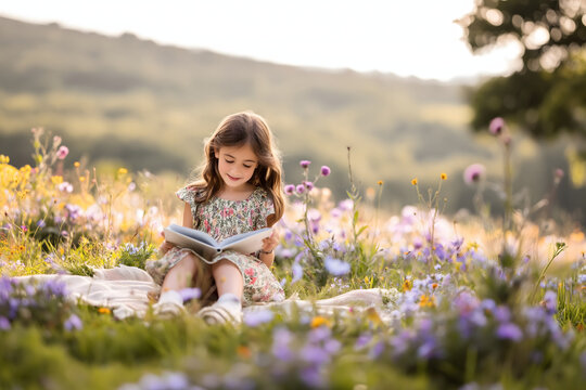 Young Girl Reading Book in Sunlit Wildflower Meadow