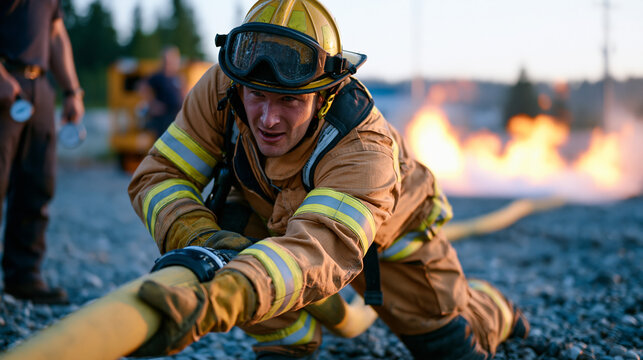 Volunteer firefighter trainee in turnout gear pulling charged hose line across a gravel training ground in low morning mist, instructor observing from the side with stopwatch in hand, smoke simulati