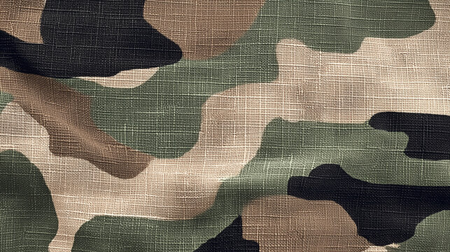 Realistic woodland camouflage fabric background with woven canvas texture, green brown beige and black tactical pattern, military textile surface, hunting gear print, outdoor survi