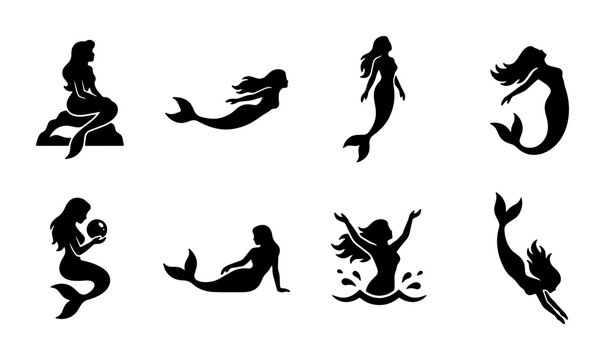 Mythical Mermaid Silhouettes Collection, Enchanting Underwater Fantasy Icons, Magical Sea Nymph Vector Graphics, Elegant Aquatic Folklore Symbols