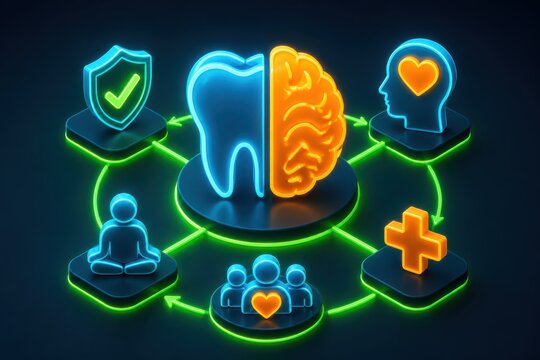 Neon dental care concept with tooth brain and health icons