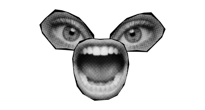 Halftone Dot Collage of Eyes and Open Mouth, Transparent Background