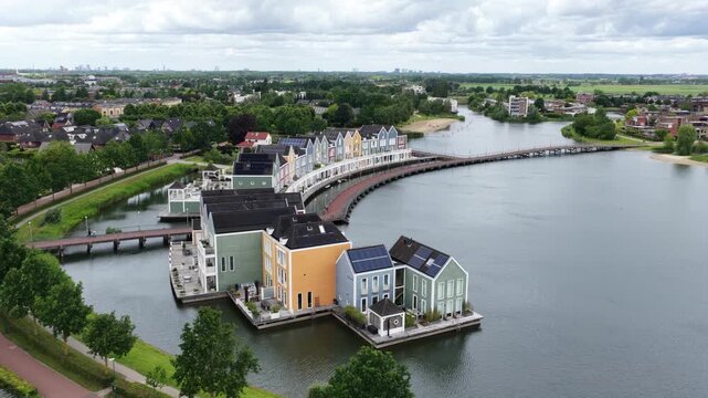 Aerial view of modern colorful floating houses in houten netherlands
