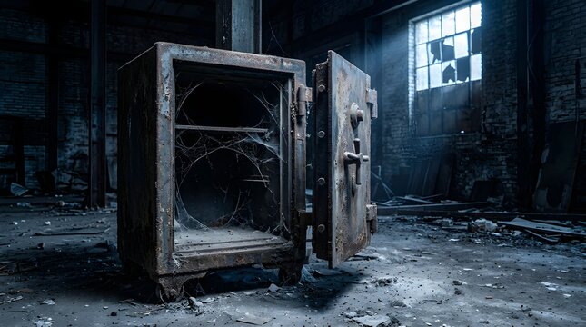 Safe stands abandoned in a dusty room with cobwebs and broken window light.
