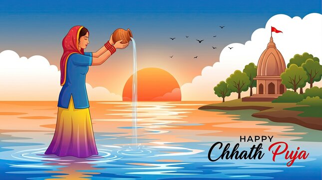 Woman in water offering prayer during chhath puja festival with temple in background at sunset