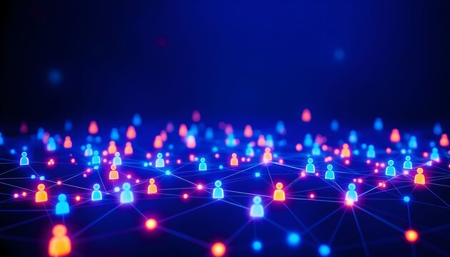A network of glowing nodes and connections spread across a dark background with Technology, Science, Social Issues, People, and Industry elements.