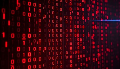 Fototapeta premium Digital code flows rapidly across a dark screen with red binary numbers.