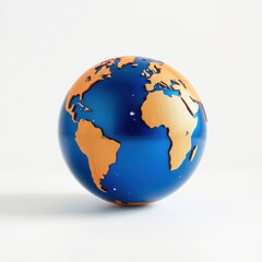 Fototapeta premium Globe depicts continents, oceans. Blue contrasts with golden landmasses. Simple design, clean background, studio lighting present.