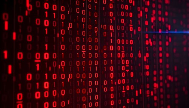 Digital code flows rapidly across a dark screen with red binary numbers.