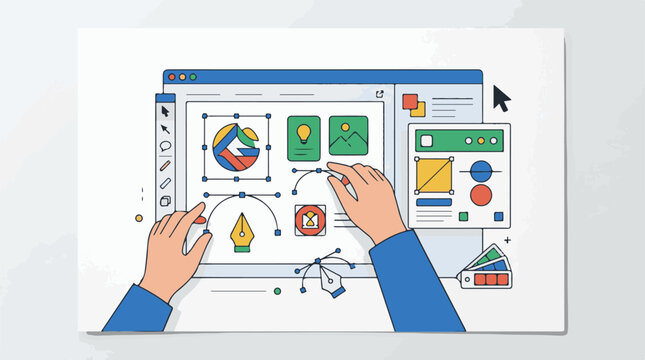 A person interacts with a graphic design software interface