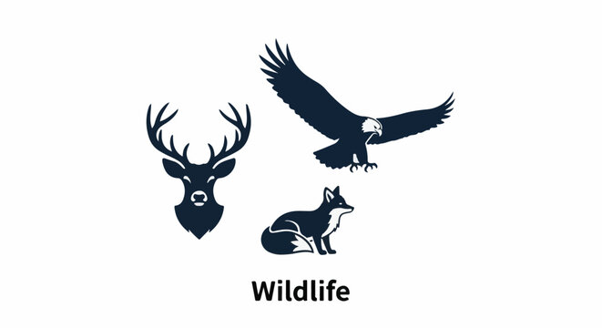 Silhouette collection of deer, eagle, and fox against a white background