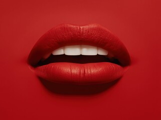 Fototapeta premium Close-up of hyper-realistic red lips with white teeth against a solid red background