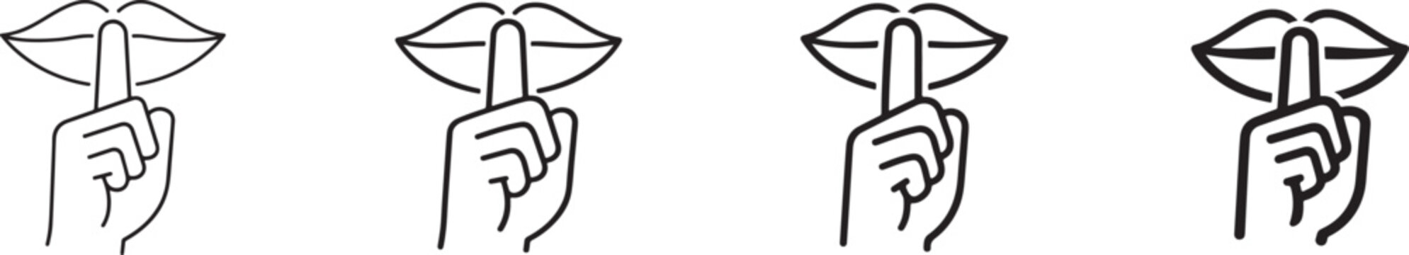 Finger on lips silence icon set for quiet, secrecy, privacy, and mute communication concepts.