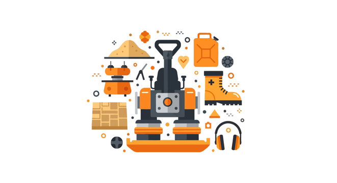 Flat Vector Construction and Roadwork Equipment Set with Plate Compactor, Paving Stones, and Safety Gear