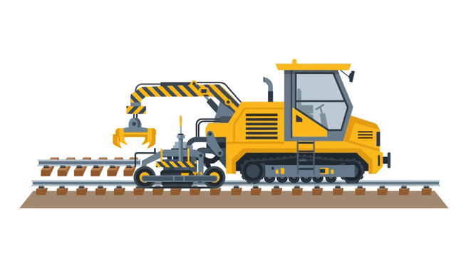 Yellow Industrial Railway Maintenance Vehicle and Track Construction Machine Vector Illustration