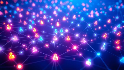 Fototapeta premium Glowing network connections form a vibrant web of lights and nodes in a digital environment from a side viewpoint.