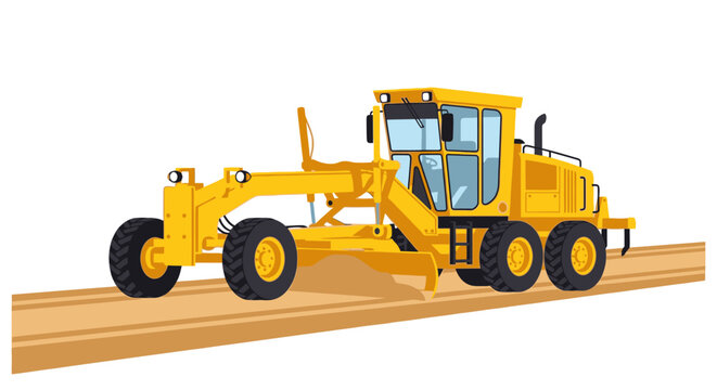 Yellow Motor Grader Machine Leveling Soil, Heavy Construction Equipment Illustration for Road Building and Infrastructure Projects