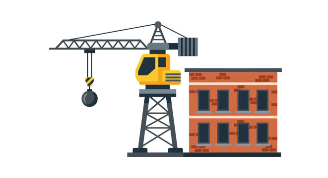 Construction Crane with Wrecking Ball and Brick Building Vector Illustration. Demolition Concept for Urban Renewal, Architecture, and Site Development isolated on white.