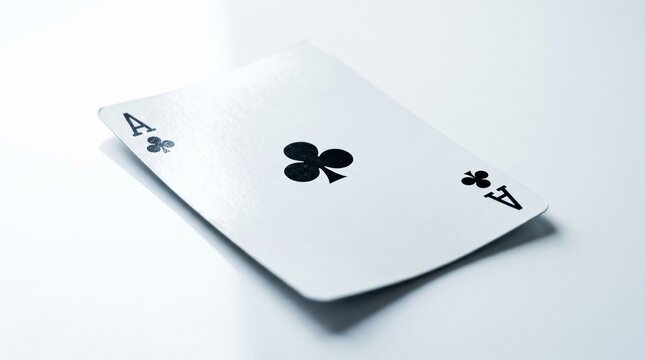 A striking, photorealistic close-up of a single ace of clubs playing card resting on a sleek, bright white surface with soft shadows.