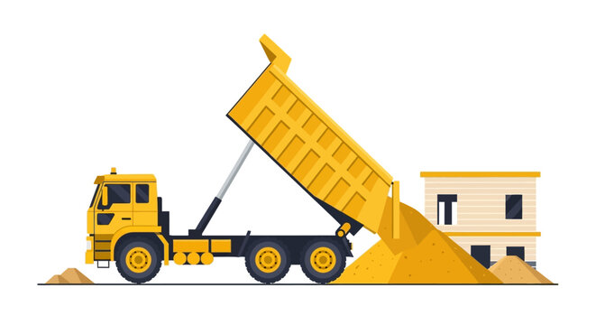 Yellow Tipper Truck Unloading Sand at Building Construction Site, Flat Vector Illustration